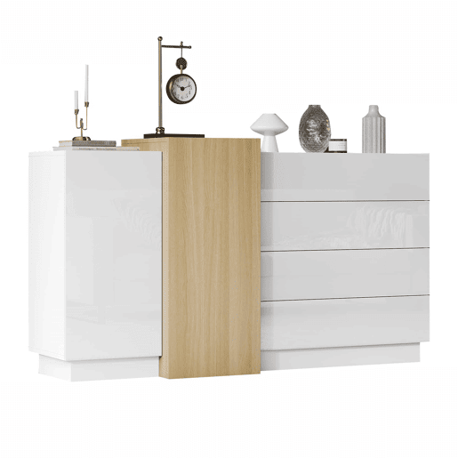 Aparador branco alto brilho - Armário moderno para sala de jantar com arrumação - Cor madeira