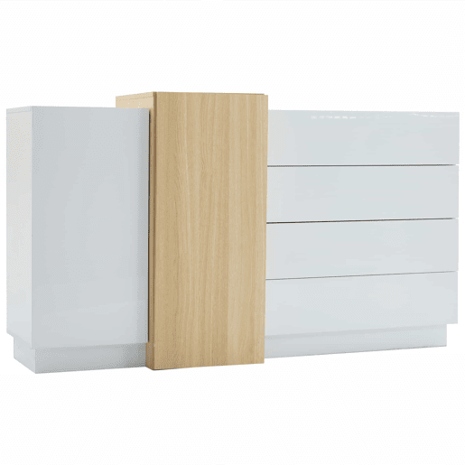 Aparador branco alto brilho - Armário moderno para sala de jantar com arrumação - Cor madeira