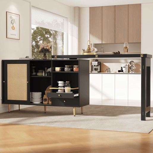 Armário buffet, barra giratória extensível - MDF - Com várias arrumações - Preto