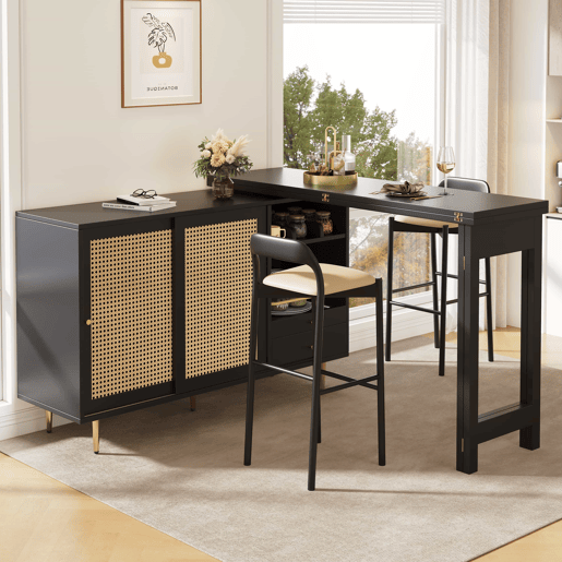 Armário buffet, barra giratória extensível - MDF - Com várias arrumações - Preto