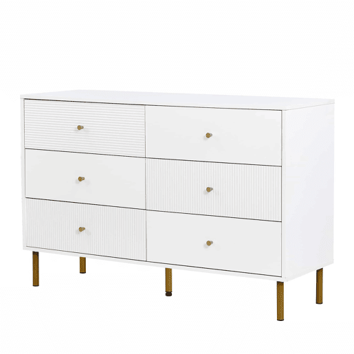 Cômoda moderna 120x40x78 cm - 6 gavetas, com puxadores em liga de zinco e pés em aço - Branco