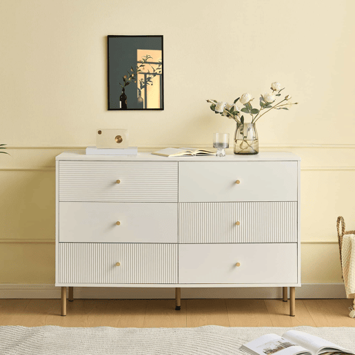 Cômoda moderna 120x40x78 cm - 6 gavetas, com puxadores em liga de zinco e pés em aço - Branco
