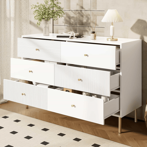 Cômoda moderna 120x40x78 cm - 6 gavetas, com puxadores em liga de zinco e pés em aço - Branco