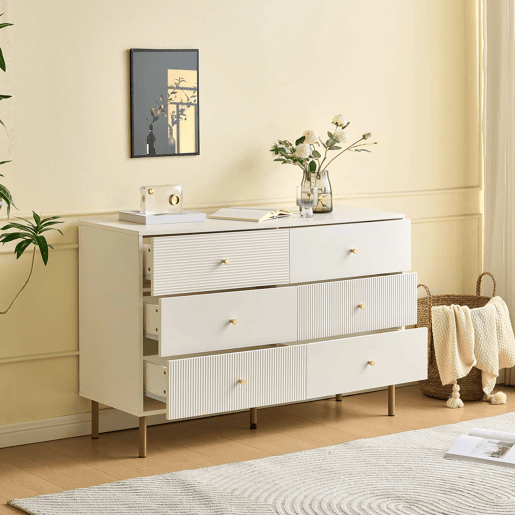 Cômoda moderna 120x40x78 cm - 6 gavetas, com puxadores em liga de zinco e pés em aço - Branco
