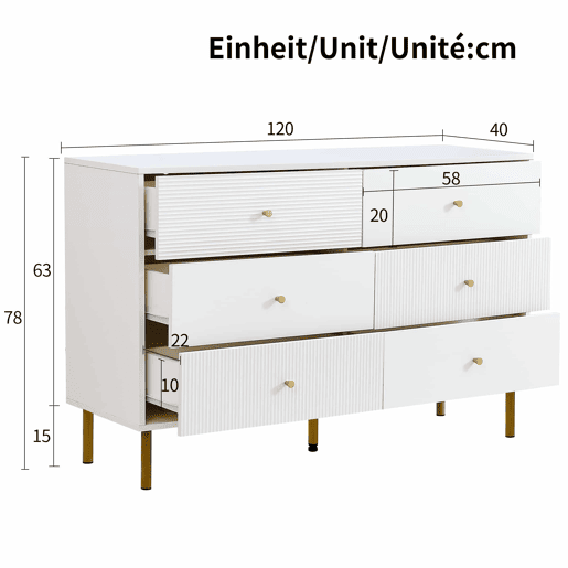 Cômoda moderna 120x40x78 cm - 6 gavetas, com puxadores em liga de zinco e pés em aço - Branco