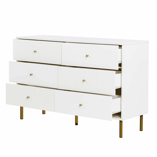 Cômoda moderna 120x40x78 cm - 6 gavetas, com puxadores em liga de zinco e pés em aço - Branco