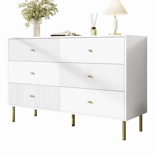 Cômoda moderna 120x40x78 cm - 6 gavetas, com puxadores em liga de zinco e pés em aço - Branco