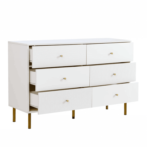 Cômoda moderna 120x40x78 cm - 6 gavetas, com puxadores em liga de zinco e pés em aço - Branco