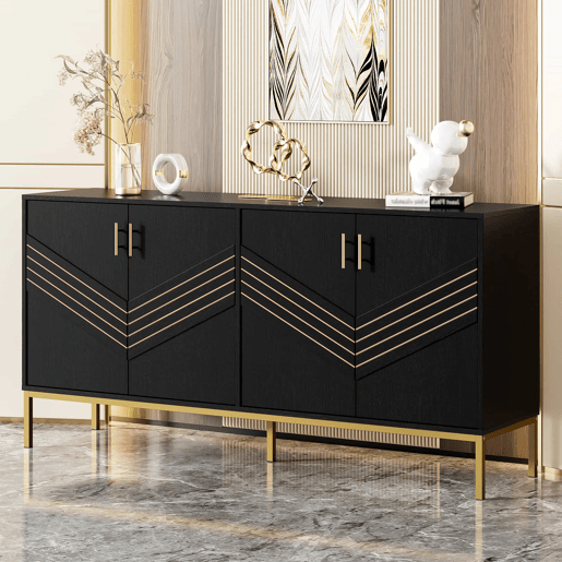 Aparador moderno - com 4 portas, prateleiras ajustáveis e grande capacidade, design elegante em MDF com pés metálicos - preto e dourado