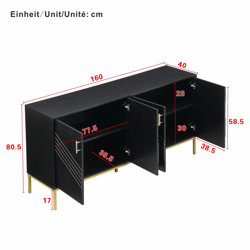 Aparador moderno - com 4 portas, prateleiras ajustáveis e grande capacidade, design elegante em MDF com pés metálicos - preto e dourado