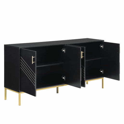 Aparador moderno - com 4 portas, prateleiras ajustáveis e grande capacidade, design elegante em MDF com pés metálicos - preto e dourado