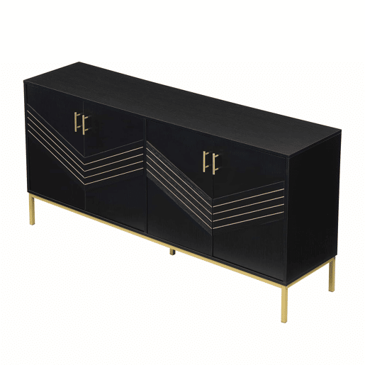 Aparador moderno - com 4 portas, prateleiras ajustáveis e grande capacidade, design elegante em MDF com pés metálicos - preto e dourado