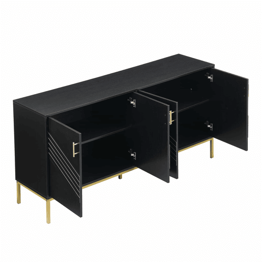 Aparador moderno - com 4 portas, prateleiras ajustáveis e grande capacidade, design elegante em MDF com pés metálicos - preto e dourado
