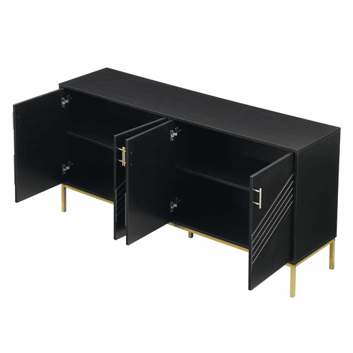 Aparador moderno - com 4 portas, prateleiras ajustáveis e grande capacidade, design elegante em MDF com pés metálicos - preto e dourado