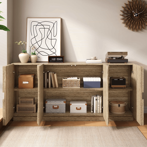 Aparador com prateleiras - Design com veios de madeira natural - Cor natural