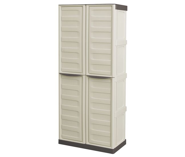 Armario porta escobas de plástico en polipropileno, color marfil y taupe, 70 x 39 x 165 cm