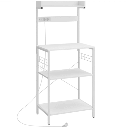 HOMCOM Estante de Cozinha com 2 Tomadas Estante Industrial com Estação de Café Prateleira para Micro-ondas Prateleira Ajustável Ganchos 60x42x137 cm Branco