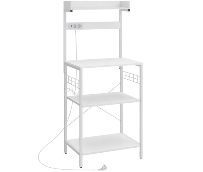 Homcom estantería de cocina con 2 tomacorrientes, estantería de panadería industrial con estación de café, estante para microondas, estante ajustable, ganchos, 60x42x137 cm, blanco