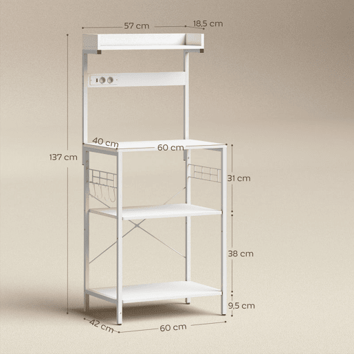 HOMCOM Estante de Cozinha com 2 Tomadas Estante Industrial com Estação de Café Prateleira para Micro-ondas Prateleira Ajustável Ganchos 60x42x137 cm Branco