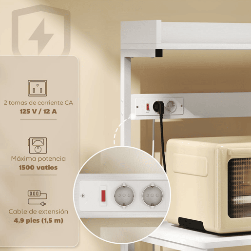 HOMCOM Estante de Cozinha com 2 Tomadas Estante Industrial com Estação de Café Prateleira para Micro-ondas Prateleira Ajustável Ganchos 60x42x137 cm Branco