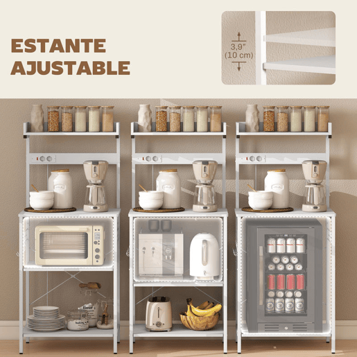 HOMCOM Estante de Cozinha com 2 Tomadas Estante Industrial com Estação de Café Prateleira para Micro-ondas Prateleira Ajustável Ganchos 60x42x137 cm Branco