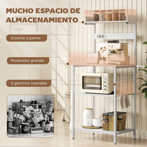 HOMCOM Estante de Cozinha com 2 Tomadas Estante Industrial com Estação de Café Prateleira para Micro-ondas Prateleira Ajustável Ganchos 60x42x137 cm Branco