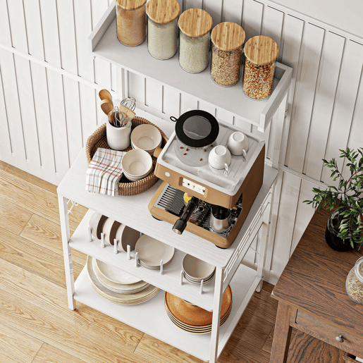 HOMCOM Estante de Cozinha com 2 Tomadas Estante Industrial com Estação de Café Prateleira para Micro-ondas Prateleira Ajustável Ganchos 60x42x137 cm Branco