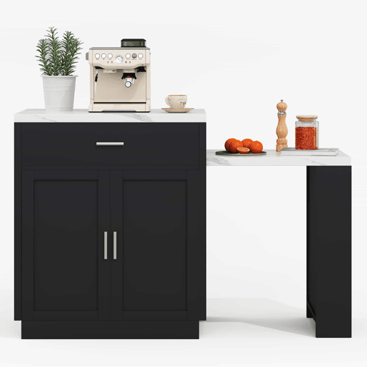 Ilha de cozinha com mesa extensível para 4-6 pessoas - Mesa de cozinha bicolor, tomada, armário de arrumação, 2 gavetas, 2 prateleiras laterais - Preto