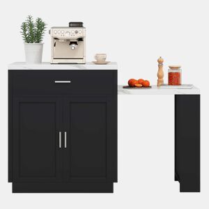Ilha de cozinha com mesa extensível para 4-6 pessoas - Mesa de cozinha bicolor, tomada, armário de arrumação, 2 gavetas, 2 prateleiras laterais - Preto