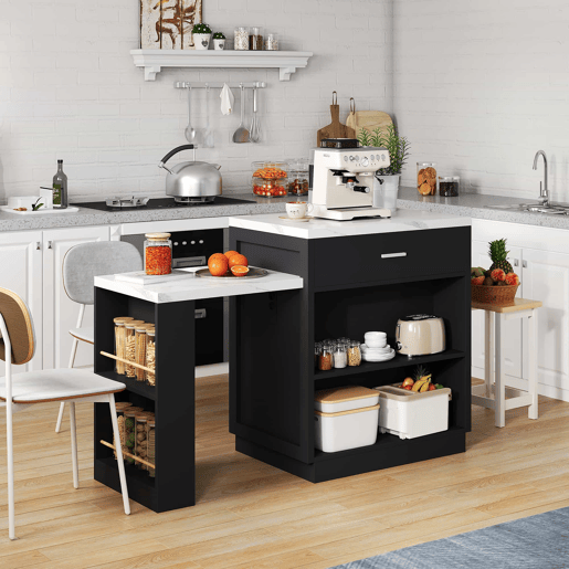 Ilha de cozinha com mesa extensível para 4-6 pessoas - Mesa de cozinha bicolor, tomada, armário de arrumação, 2 gavetas, 2 prateleiras laterais - Preto