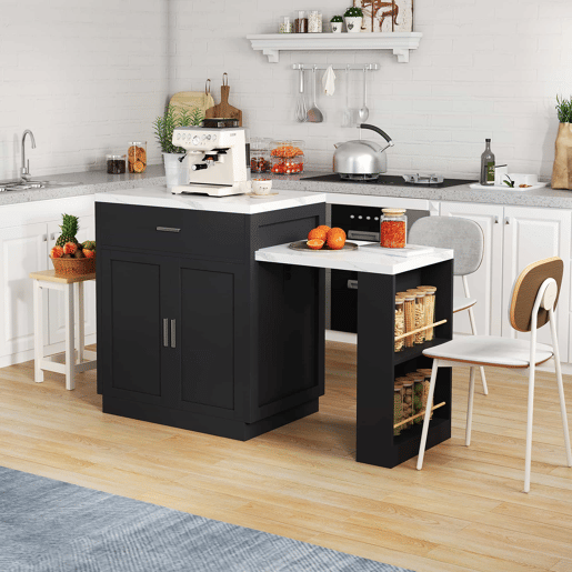 Ilha de cozinha com mesa extensível para 4-6 pessoas - Mesa de cozinha bicolor, tomada, armário de arrumação, 2 gavetas, 2 prateleiras laterais - Preto