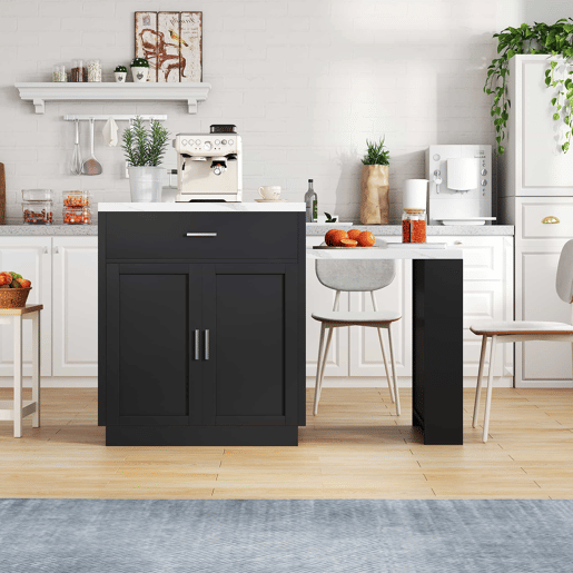 Ilha de cozinha com mesa extensível para 4-6 pessoas - Mesa de cozinha bicolor, tomada, armário de arrumação, 2 gavetas, 2 prateleiras laterais - Preto