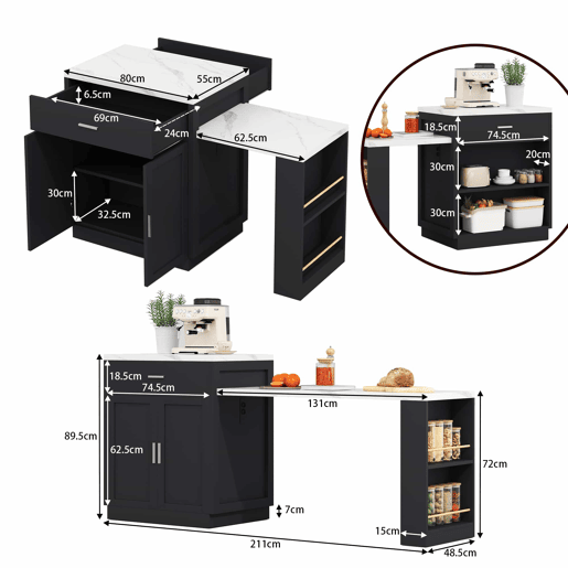 Ilha de cozinha com mesa extensível para 4-6 pessoas - Mesa de cozinha bicolor, tomada, armário de arrumação, 2 gavetas, 2 prateleiras laterais - Preto
