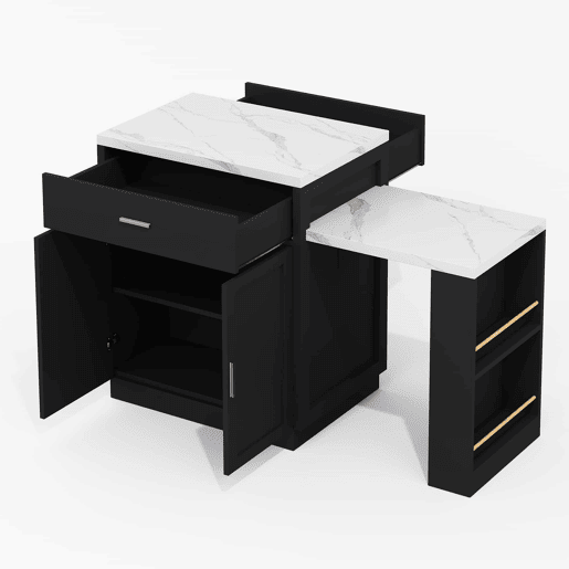 Ilha de cozinha com mesa extensível para 4-6 pessoas - Mesa de cozinha bicolor, tomada, armário de arrumação, 2 gavetas, 2 prateleiras laterais - Preto