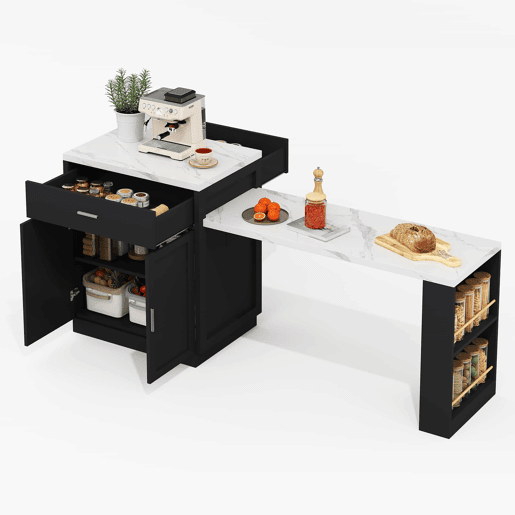 Ilha de cozinha com mesa extensível para 4-6 pessoas - Mesa de cozinha bicolor, tomada, armário de arrumação, 2 gavetas, 2 prateleiras laterais - Preto