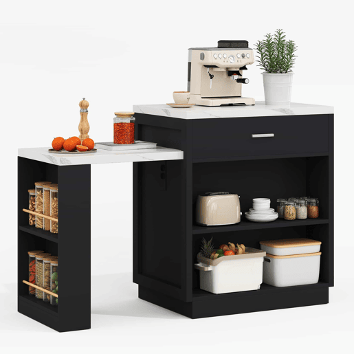 Ilha de cozinha com mesa extensível para 4-6 pessoas - Mesa de cozinha bicolor, tomada, armário de arrumação, 2 gavetas, 2 prateleiras laterais - Preto