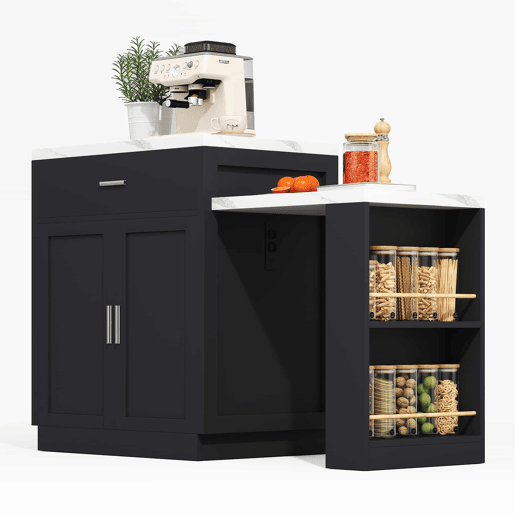 Ilha de cozinha com mesa extensível para 4-6 pessoas - Mesa de cozinha bicolor, tomada, armário de arrumação, 2 gavetas, 2 prateleiras laterais - Preto