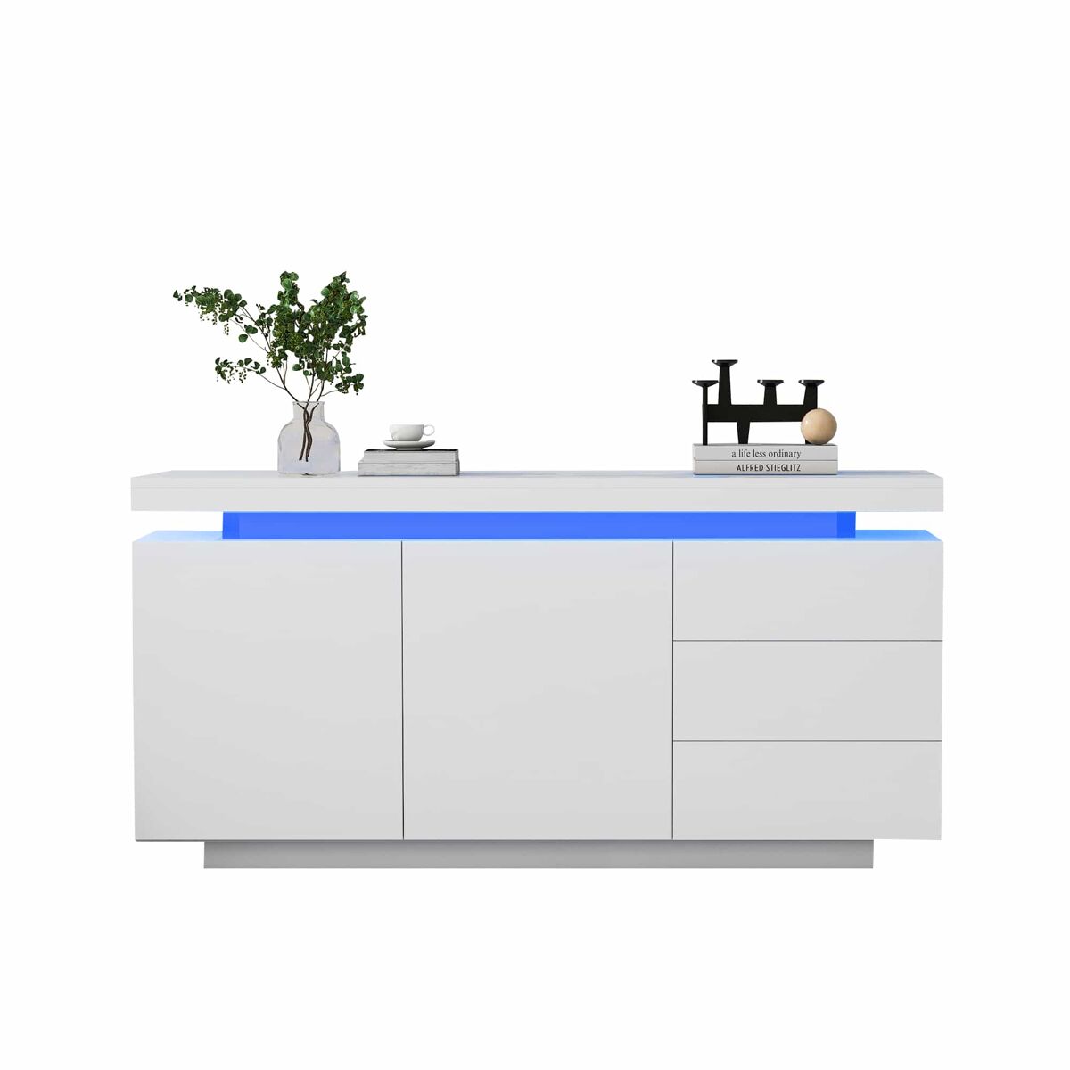 Mueble lateral 140x35x72.5 cm - 2 puertas, 3 cajones, acabado lacado, con iluminación led - blanco