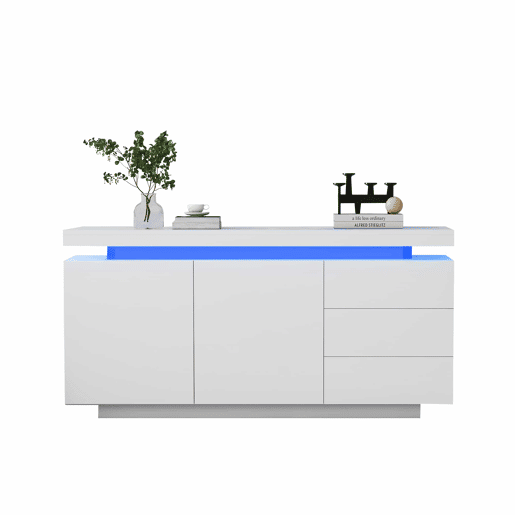 Móvel lateral 140x35x72,5 cm - 2 portas, 3 gavetas, acabamento lacado, com iluminação LED - Branco