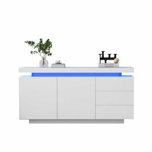 Móvel lateral 140x35x72,5 cm - 2 portas, 3 gavetas, acabamento lacado, com iluminação LED - Branco