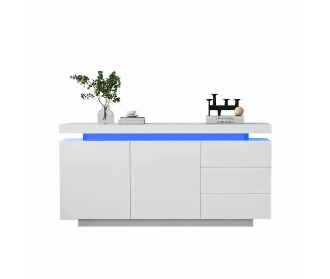 Mueble lateral 140x35x72.5 cm - 2 puertas, 3 cajones, acabado lacado, con iluminación led - blanco