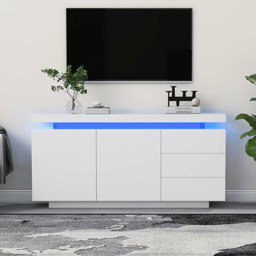Móvel lateral 140x35x72,5 cm - 2 portas, 3 gavetas, acabamento lacado, com iluminação LED - Branco
