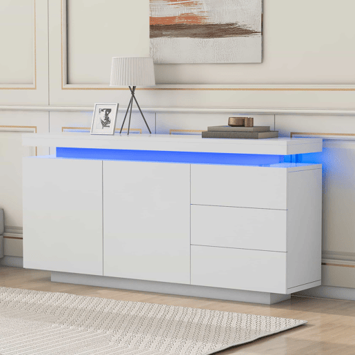 Móvel lateral 140x35x72,5 cm - 2 portas, 3 gavetas, acabamento lacado, com iluminação LED - Branco