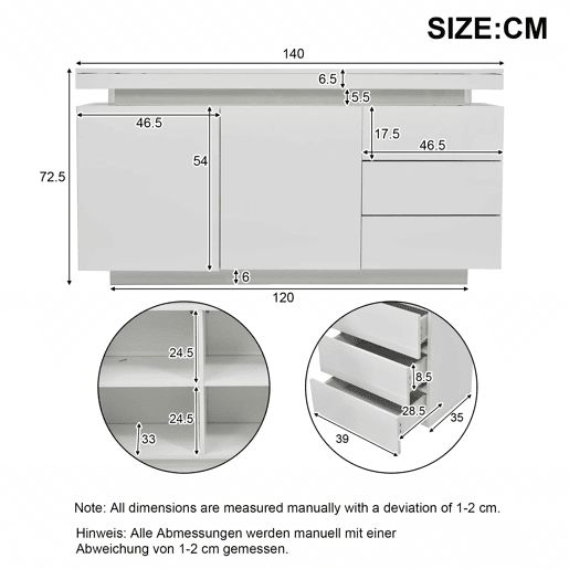 Móvel lateral 140x35x72,5 cm - 2 portas, 3 gavetas, acabamento lacado, com iluminação LED - Branco