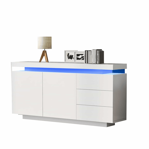 Móvel lateral 140x35x72,5 cm - 2 portas, 3 gavetas, acabamento lacado, com iluminação LED - Branco