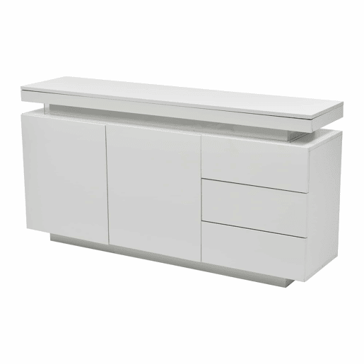 Móvel lateral 140x35x72,5 cm - 2 portas, 3 gavetas, acabamento lacado, com iluminação LED - Branco