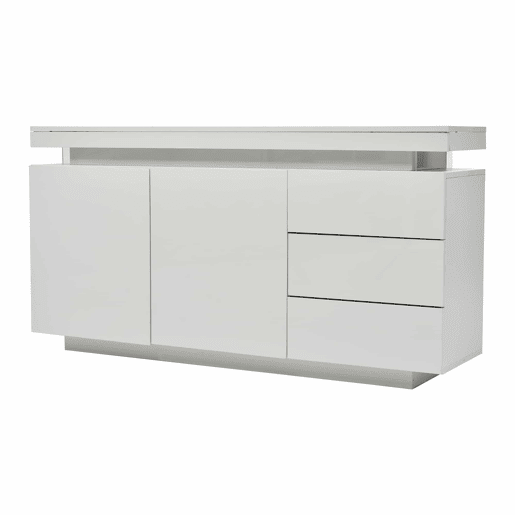 Móvel lateral 140x35x72,5 cm - 2 portas, 3 gavetas, acabamento lacado, com iluminação LED - Branco