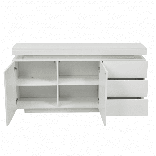 Móvel lateral 140x35x72,5 cm - 2 portas, 3 gavetas, acabamento lacado, com iluminação LED - Branco