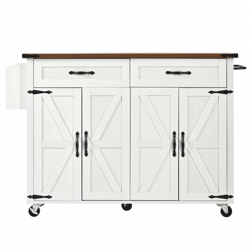Ilha de cozinha - Carrinho de serviço com superfície extensível - Madeira de grão de madeira - Branco