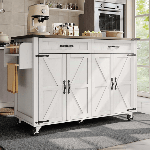 Ilha de cozinha - Carrinho de serviço com superfície extensível - Madeira de grão de madeira - Branco